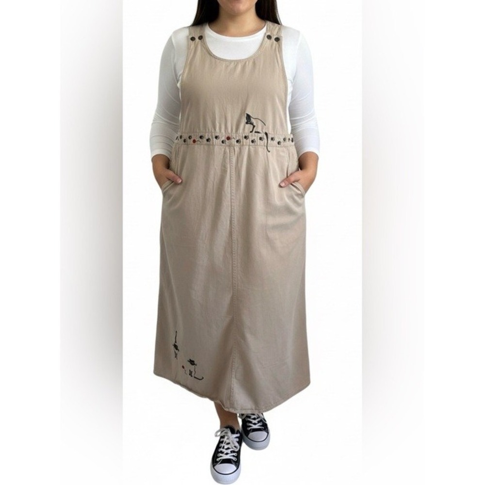 Christopher & Banks Vintage Y2K 2003 Cat Embroidered Khaki Dress Size Large